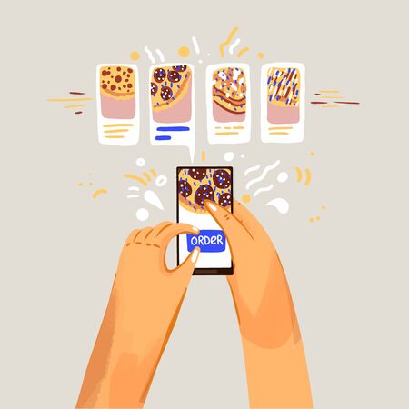 Order Pizza Online Vector Cartoon Illustration. Choosing pizzas and order it in online application and smartphone. Italian food and restaurant serviceのイラスト素材