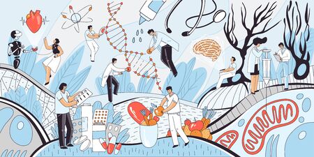 Vector flat medical concept illustration. Heart and brain check up, genetic and cells research, drug and vitamins spot illustrations in one composition with doctor, scientists charactersのイラスト素材