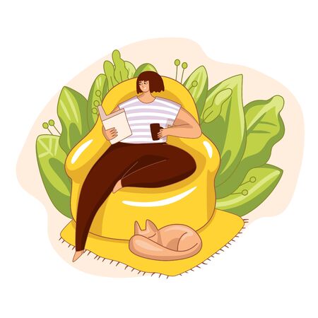Girl sitting in armchair, reading a book, drinking a coffee with cat aroud. Cozy vector illustration of reading woman in a chair, spending time for herself. Time for yourself conceptのイラスト素材