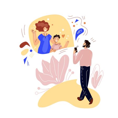 Man walking and talking on online video conference with family, wife and kid. Vector flat concept of online communication and virtual meeting. Smartphone online chat illustrationのイラスト素材