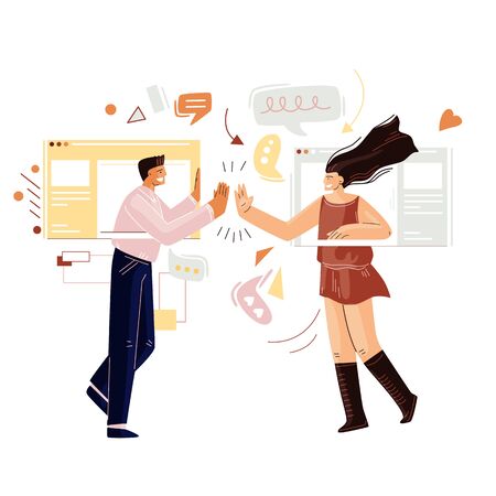 Man and woman chatting online, having remote video call with web internet interface, online messenger. Friends communicating onlineのイラスト素材