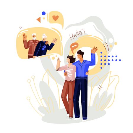 Man and woman walking and talking on online video conference with family, grand seniors. Vector flat concept of online communication and virtual family meeting. Smartphone online chat illustrationのイラスト素材