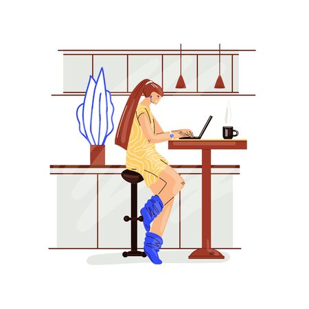 Freelance woman work in comfortable cozy home office in kitchen vector flat illustration. Freelancer girl character working from home at relaxed pace, self employed conceptのイラスト素材
