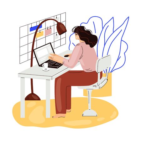 Freelance woman work in comfortable cozy home office vector flat illustration. Freelancer girl character working from home at relaxed pace, self employed conceptのイラスト素材