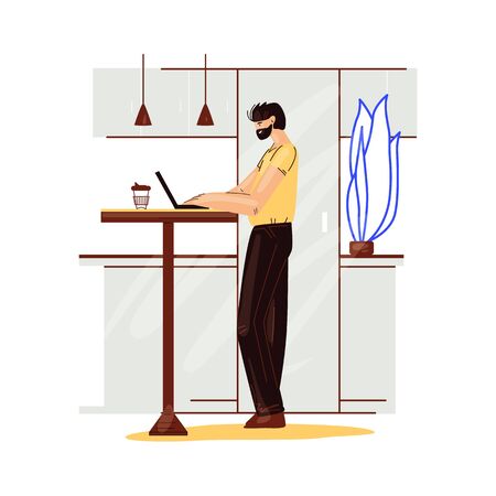 Freelance man work in comfortable cozy home office in kitchen vector flat illustration. Freelancer man character working from home at relaxed pace, self employed conceptのイラスト素材