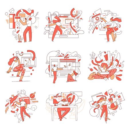 Vector set of online education illustrations with man and woman characters and abstract elements. Distance learning concept in creative, business, science, computer field. Course of university, schoolのイラスト素材