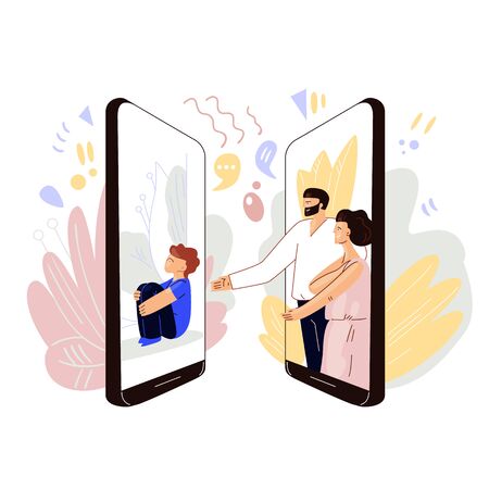 Parents meeting online with kids - vector flat concept. Man and woman sharing love and sympathy with little kid, sitting alone. Video conference, remote communication online with family and childrenのイラスト素材