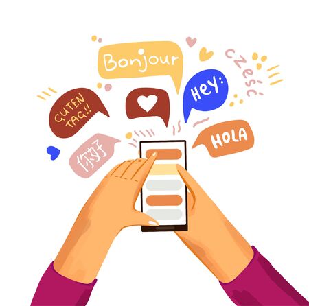 Learn and study language flat vector. Hand with phone and greetings on different languages in applicaton on phone screen. International communication, making friends in different countries conceptのイラスト素材