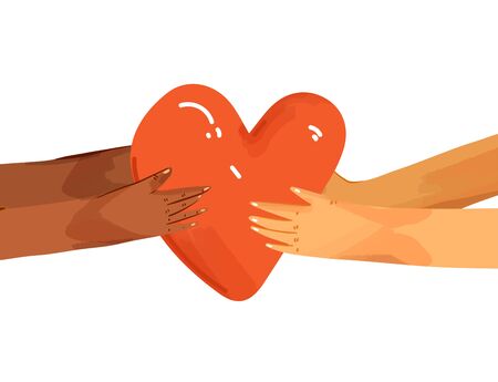 Vector flat illustration of diverse people sharing love, support, appreciation to each other. Hands giving heart, and hands taking heart as a sign of connection and unity. Love concept isolatedのイラスト素材