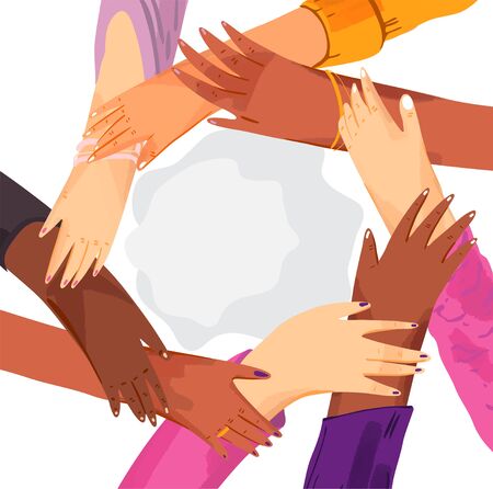 Hands of diverse group of women putting together in circle. Concept of sisterhood, girl power, feminist community or movement, friendship, support and cooperation, isolated on whiteのイラスト素材