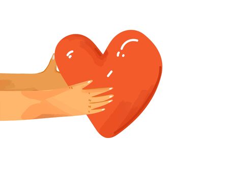 Vector flat illustration human hands sharing love, support, appreciation to each other. Hands giving heart as a sign of connection and unity. Love concept isolated.のイラスト素材