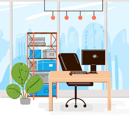 Vector Flat Collection of Creative Workplace with Modern Open Space and Empty Office Interior - Business and Contemporary Co-Working Illustraton. flat horizontal composition.のイラスト素材
