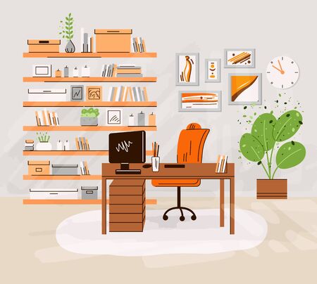 Vector flat illustration of home office work place interrior - working desk with monitor, computer, shelfs with books and accessories, plants. Cozy home work area, home office zoneのイラスト素材