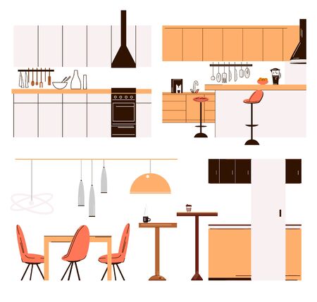 Vector flat collection of home kitchen modern furniture - kitchen tables, bar chairs, dinner tables, cooker and cook accessories. Modern minimalist kitchen set isolated on white.のイラスト素材