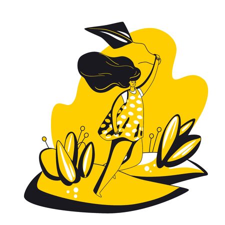 Happy young woman holding kite, running on a glade in summer time, with cheer and laugh. Self care positive and happiness vector flat conceptのイラスト素材