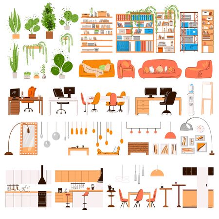 Vector Flat Collection of Interior Design Furniture. Designer trendy furniture -Table Chair Sofa Lamp Mirror plants, furniture details of home office zone, cabinet, kitchen elementsのイラスト素材
