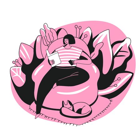 Girl sitting in armchair, reading a book, drinking a coffee with cat aroud. Cozy vector illustration of reading woman in a chair, spending time for herself. Time for yourself conceptのイラスト素材