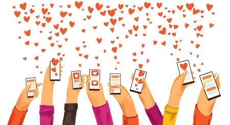 Human hands rised up with smartphone dating app, searching for love and romantic event or date, sending love and like signs. Dating app, online chat and conversation, find love conceptのイラスト素材