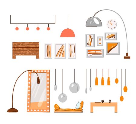 Cozy home interior minimalist accessories and details - lamps, frames, lights, mirrors and coffee tables isolated on white. Indoor interior furniture set, cosy home in orange palette.のイラスト素材