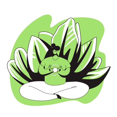 Vector cartoon flat illustration with meditating girl holding sun in her heart. Positive mood, meditation, stress release at home. Meditationのイラスト素材