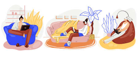 Freelance people work in comfortable cozy armchairs set vector flat illustration. Freelancer multiracial character working from home at relaxed pace. Man and woman self employed conceptのイラスト素材