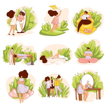 Vector set of girls, woman taking care of yourself. Spa salon, massage, reading a book alone, happyness and love yourself illustration, meditation and bathing. Self love conceptのイラスト素材