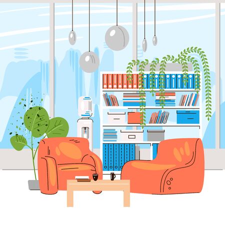 Vector Flat Collection of Creative Workplace with Modern Open Space and Empty Office Interior - Business and Contemporary Co-Working Illustraton of lounge Zone.のイラスト素材