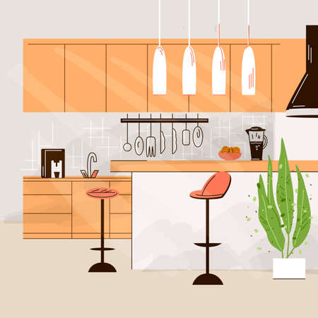 Vector flat illustration of Modern Kitchen Interior Empty No People House Room with kitchen furniture, table, chairs and cooking table.のイラスト素材