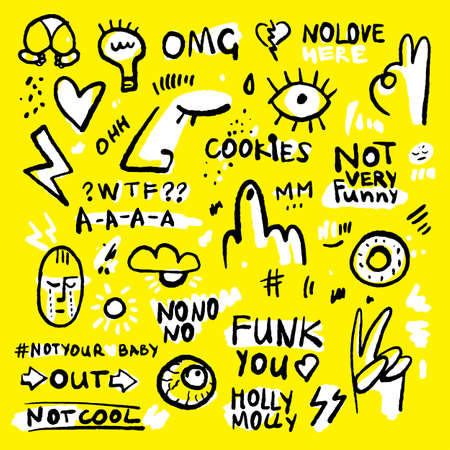 Positive and funny doodle sticker set in black, yellow and white colors. Hand drawn stickers with donut, eye, hearts, lettering and human face. Ink hand-drawned stickers for clothes and merchのイラスト素材