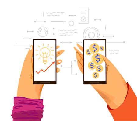 Making money online vector flat concept. Human hand with phone and envelope with money and business and work graph and infographics of online work with smartphoneのイラスト素材