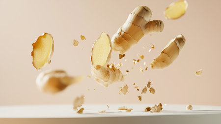 Fresh ginger with leaves levitation photo, cropped pieces of ginger flying in the airの素材