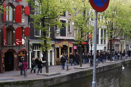 Amsterdam, Netherlands - Summer 2009 - Historic red light district along a canalのeditorial素材