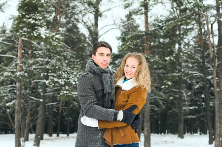Couple in winter forest. Valentine\\の写真素材