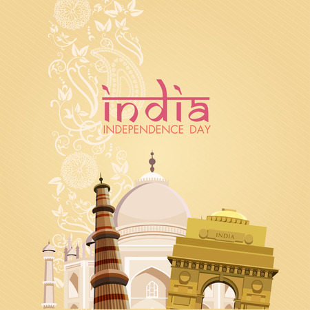 15th of August, Indian Independence Day celebrations card with ashoka wheel and national flag colors on beige background.のイラスト素材