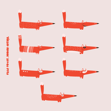 Cute red foxes in doodle designのイラスト素材