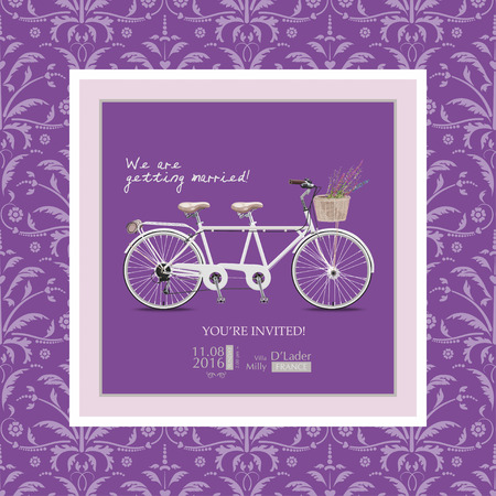 Wedding invitation in vintage style and lilac shades. Bike - a tandem with a basket of lavender.のイラスト素材