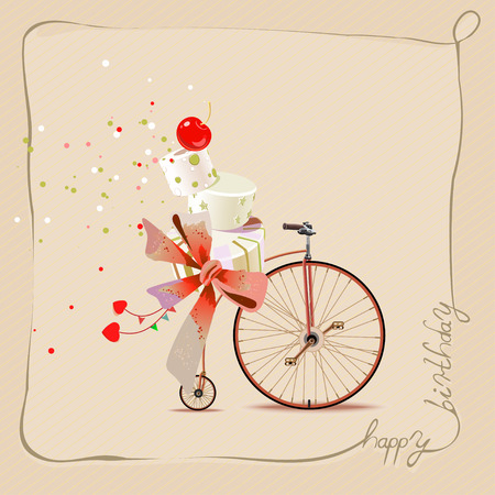 Happy birthday romantic greeting card. Bicycle and cake Vintage style.のイラスト素材