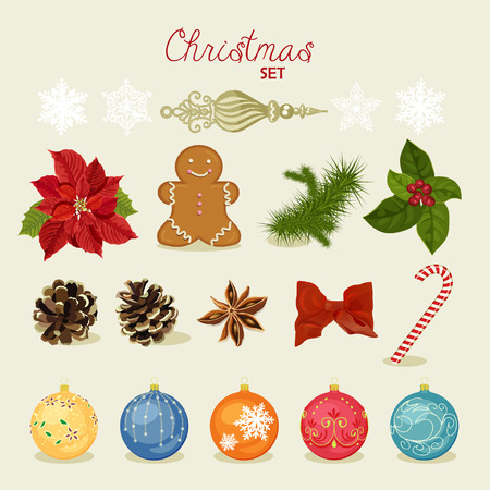 Christmas set with snowflakes, balls, candy, bow, gingerbread man, fir cones, red berries illustrationのイラスト素材
