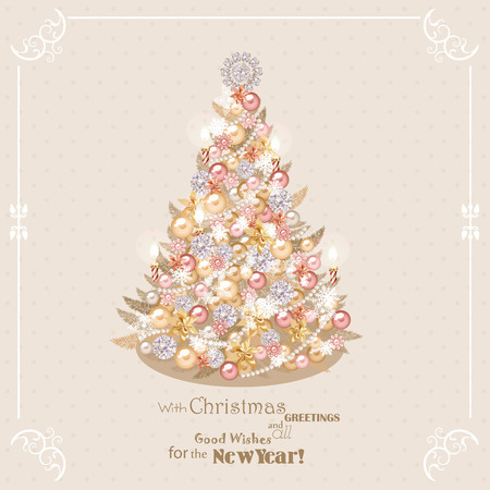 Christmas tree with gold, silver Christmas decorations, satin bows, stars on a beige background elegantのイラスト素材