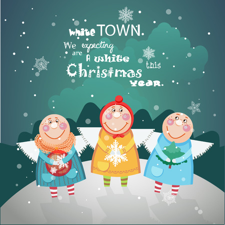 Christmas Angels with Christmas decorations on Christmas greeting card in cartoon styleのイラスト素材