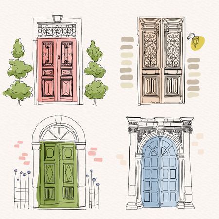 Old doors in vintage style on watercolor backgroundのイラスト素材