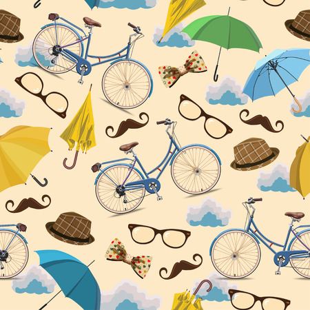 Seamless pattern with blue vintage bicycles, glasses, umbrellas, clouds, bows, hats, mustache on beige background.のイラスト素材