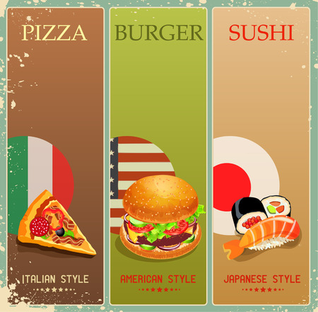 Poster with burger, pizza, sushi in vintage style. Menu.のイラスト素材