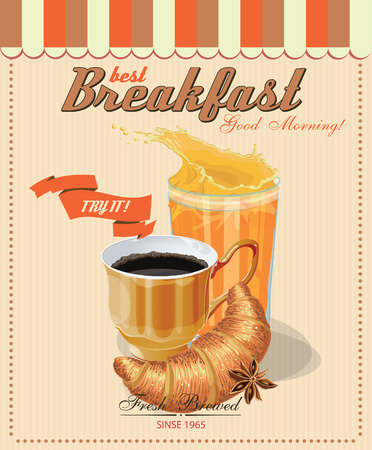 Poster with a coffee cup. Croissant. Juice glass. Vector. French cafe. Vintage style.のイラスト素材