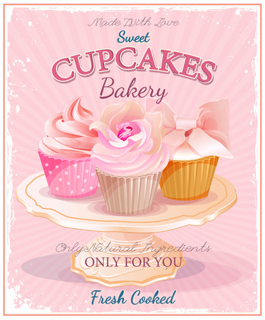 Cupcakes. Poster in vintage style. Wedding and birthday sweets.のイラスト素材