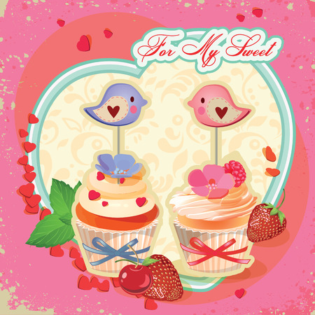 Card with cupcake in vintage style. Vector illustration.のイラスト素材