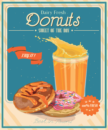 Vintage donuts poster with label. Retro style. Set of donuts.のイラスト素材