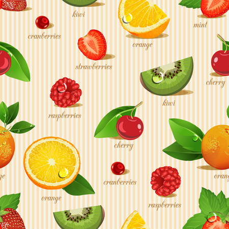 Seamless pattern with fruits. Orange, kiwi, cherry, strawberries, cranberries, raspberries, mint.のイラスト素材