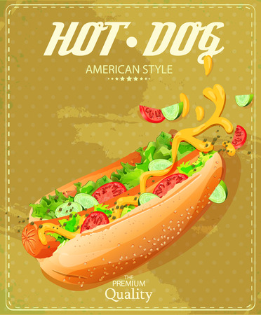 Hot Dog. Fast Food. Poster in vintage style. Vector illustration.のイラスト素材