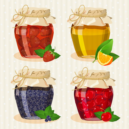 Set of transparent glass jars with orange, strawberries, cherries, blueberries jam in vintage style.のイラスト素材